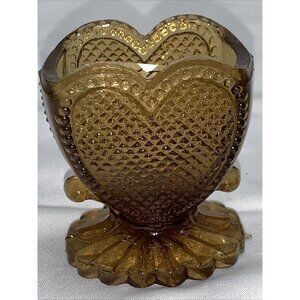 Vintage Heart Toothpick Holder Brown UV Glow Green Boyd Crystal Art Glass C880